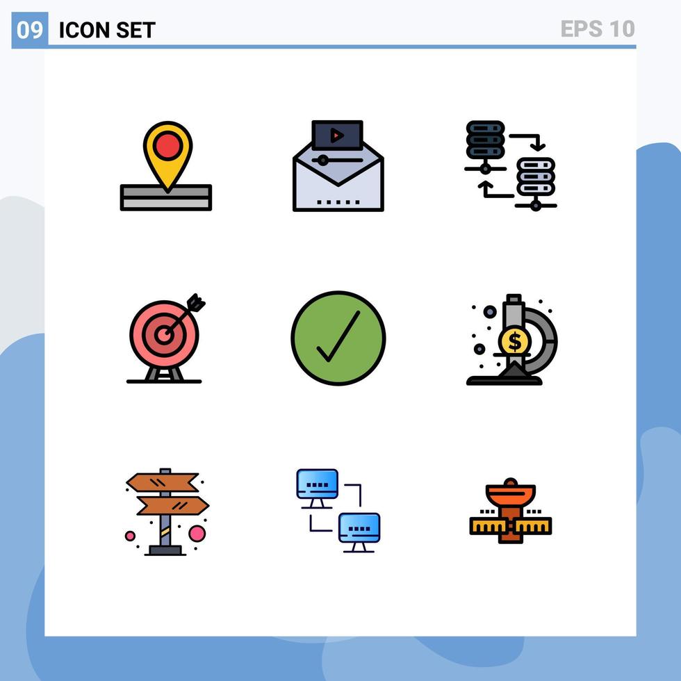 Piktogrammsatz aus 9 einfachen, gefüllten, flachen Farben von Check-Pfeil-Server-Erreichungsziel editierbaren Vektordesign-Elementen vektor