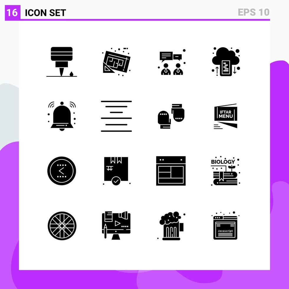 modern uppsättning av 16 fast glyfer och symboler sådan som underrättelse varna företag ladda upp kör redigerbar vektor design element