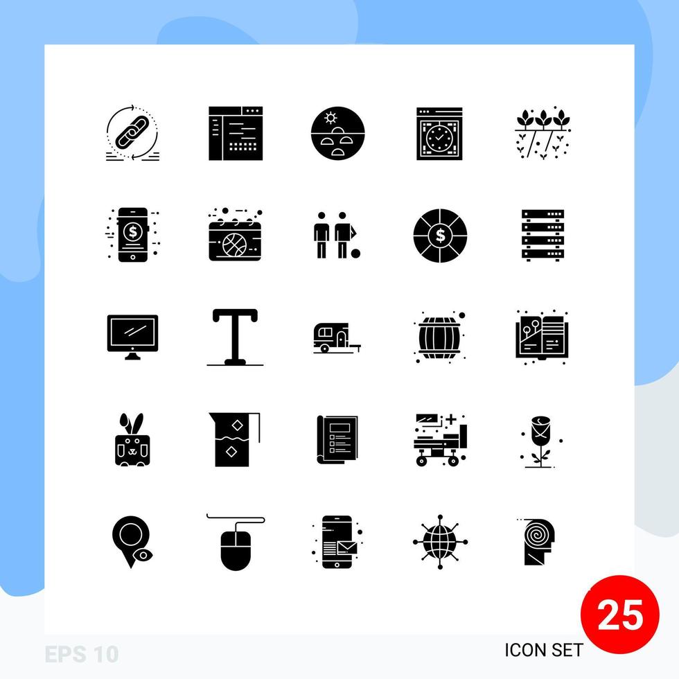 Gruppe von 25 modernen soliden Glyphen, die für bearbeitbare Vektordesign-Elemente für Gerätecomputerseiten-Skin festgelegt werden vektor