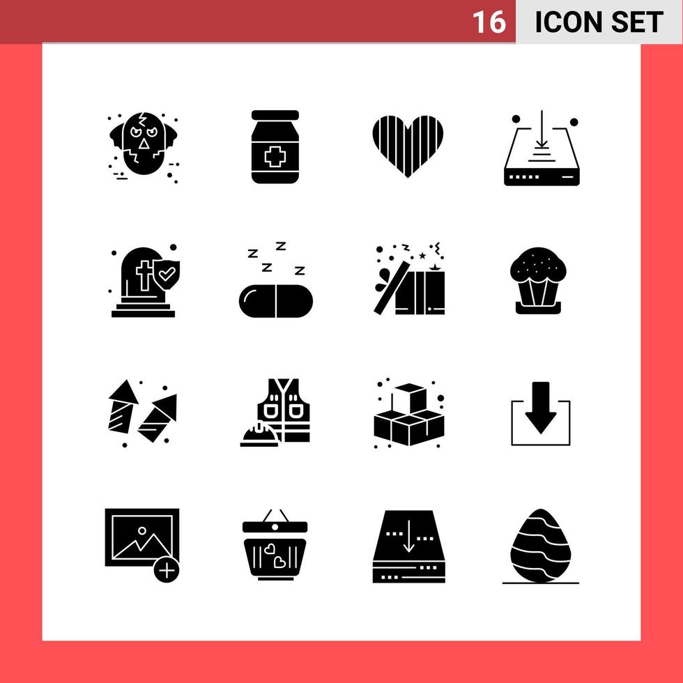 16 Icon-Pack-Glyphensymbole im soliden Stil auf weißem Hintergrund, einfache Zeichen für die allgemeine Gestaltung vektor