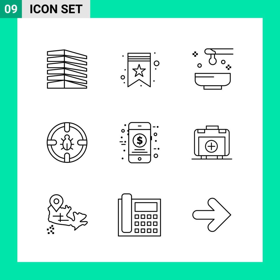 Packung mit 9 Linienstil-Icon-Set Gliederungssymbolen für den Druck kreative Schilder isoliert auf weißem Hintergrund vektor