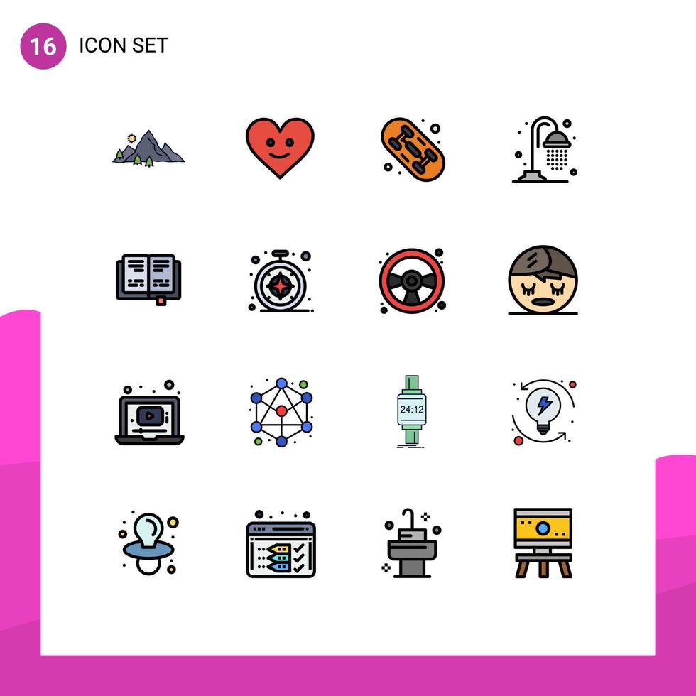 16 universelle, flache, farbgefüllte Linien für Web- und mobile Anwendungen, Browser, Bildung, Skate-Buchpark, editierbare kreative Vektordesign-Elemente vektor