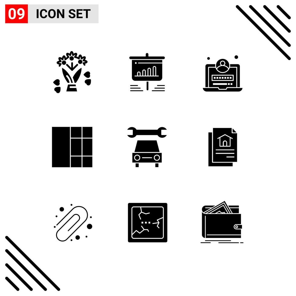 9 universelle solide Glyphen für Web- und mobile Anwendungen, Dokumentdienstentwicklung, Reparatur, Drahtgitter, editierbare Vektordesignelemente vektor