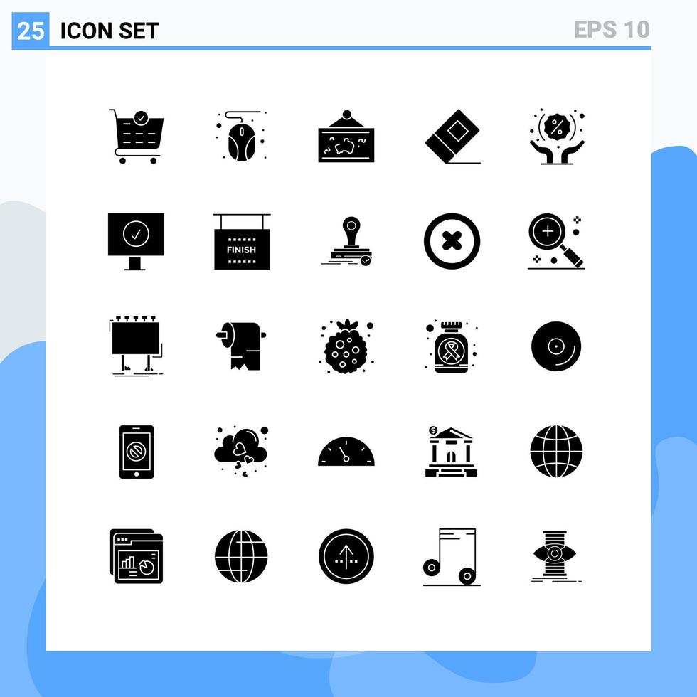moderner Satz von 25 soliden Glyphen Piktogramm von Einkaufshänden hängen Rabatt Radiergummi editierbare Vektordesign-Elemente vektor
