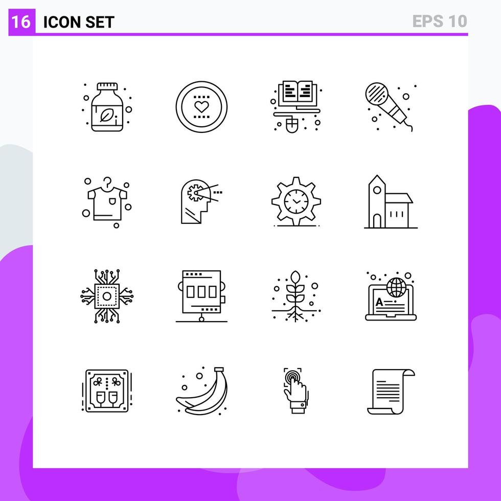 Gliederungssatz für mobile Schnittstellen mit 16 Piktogrammen von trocknenden Mikrofon-Romantikmikrofonen, die online bearbeitbare Vektordesign-Elemente enthalten vektor