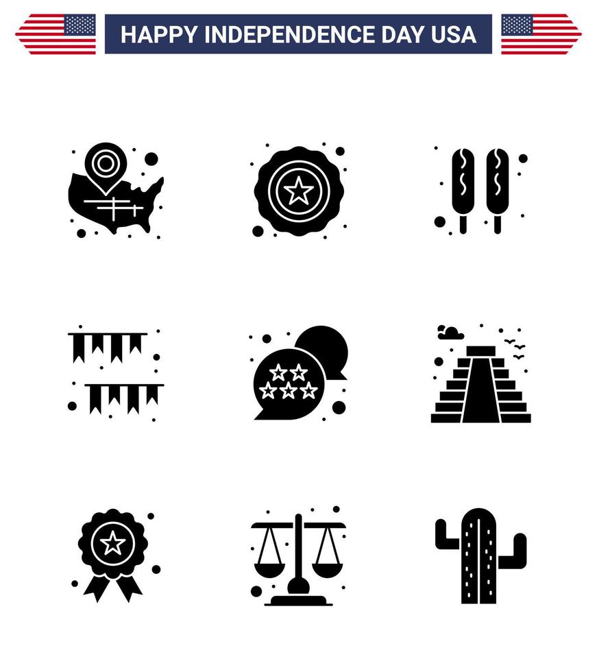 Happy Independence Day Pack mit 9 soliden Glyphen Zeichen und Symbolen für USA Party Corn Dog Dekoration Girlande editierbare USA Tag Vektor Design Elemente