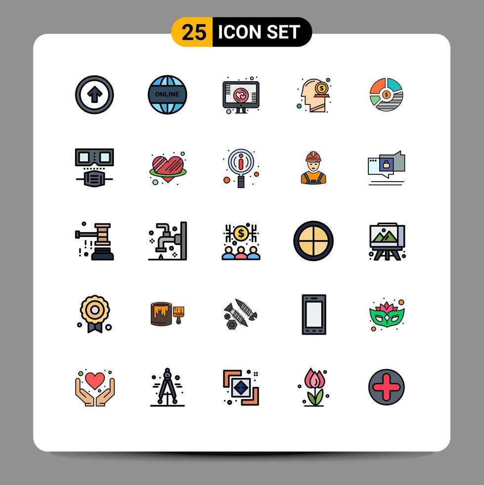piktogram uppsättning av 25 enkel fylld linje platt färger av pengar mänsklig värld huvud skärm hjärta redigerbar vektor design element