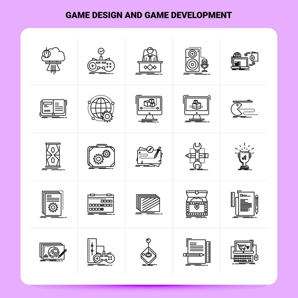 Umriss 25 Spieldesign und Spielentwicklung Icon Set Vektor Line Style Design Schwarze Icons Set Linear Piktogramm Pack Web und mobile Geschäftsideen Design Vektor Illustration