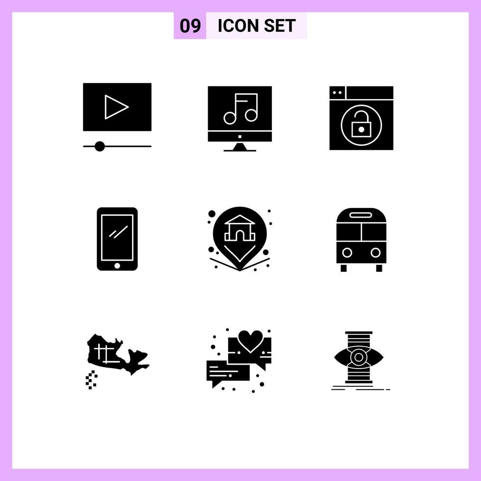 moderner Satz von 9 soliden Glyphen-Piktogrammen von Pin-iPhone-Design-Android-Smartphone-editierbaren Vektordesign-Elementen vektor