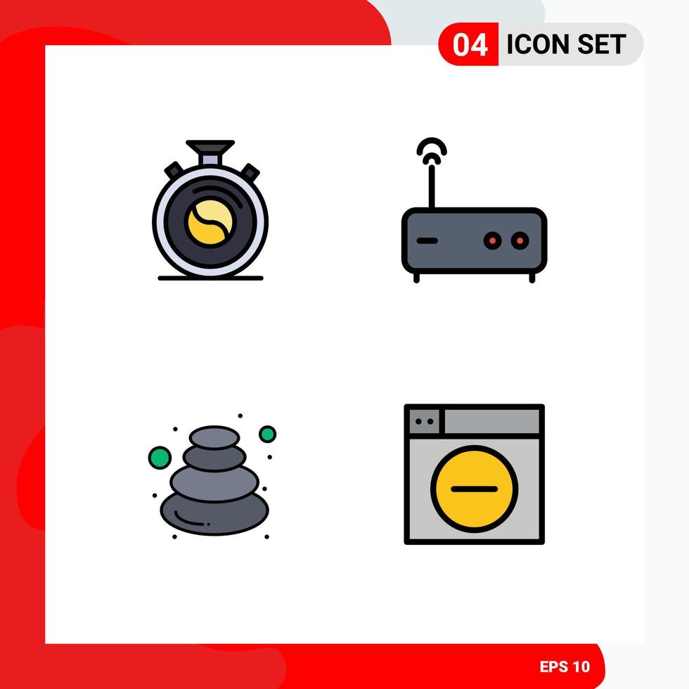 Packung mit 4 modernen Filledline-Flachfarbzeichen und -symbolen für Web-Printmedien wie Uhr, Entspannung, Übung, Router, Stein, editierbare Vektordesign-Elemente vektor