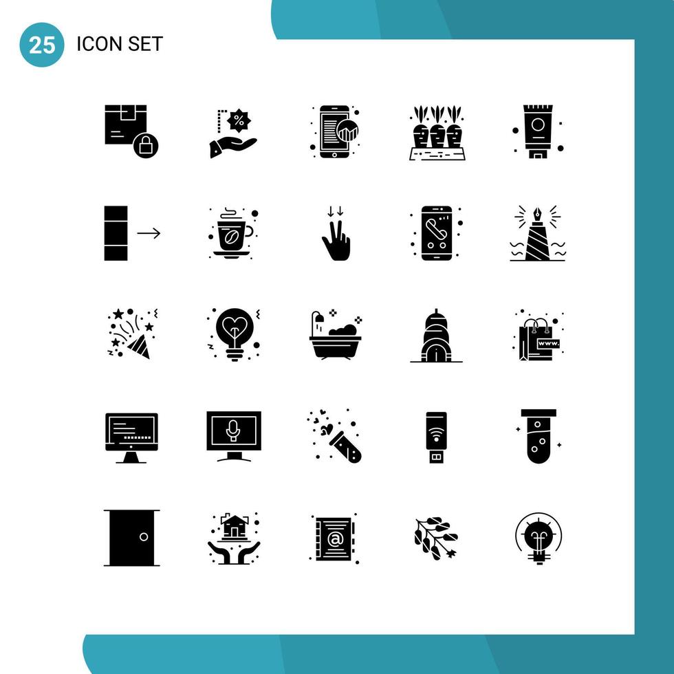 mobil gränssnitt fast glyf uppsättning av 25 piktogram av vegetabiliska bruka handla morot uppkopplad data redigerbar vektor design element
