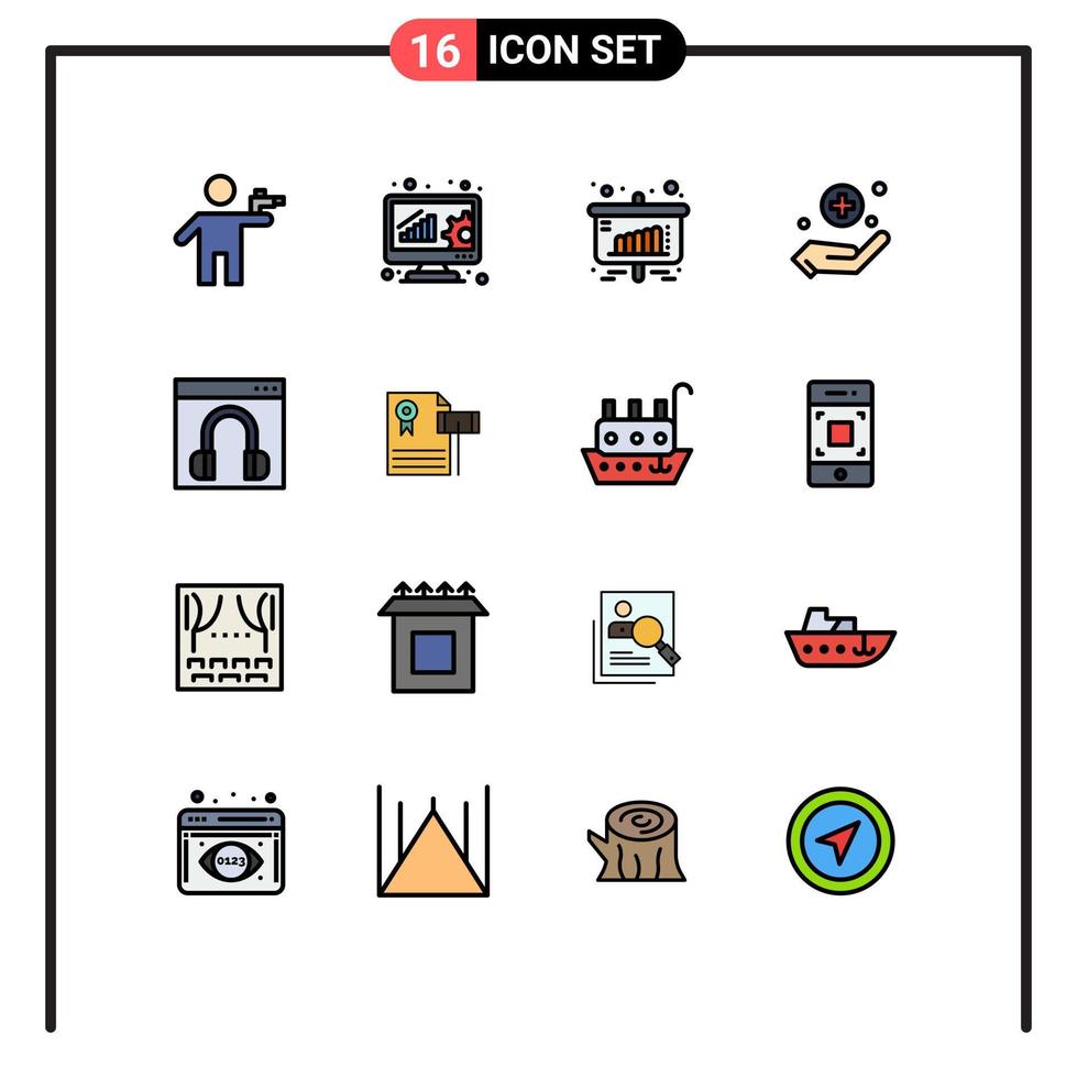 16 thematische Vektor-Flachfarben gefüllte Linien und editierbare Symbole von Kontaktzeichen Online-Bewertung medizinischer Verkauf editierbare kreative Vektordesign-Elemente vektor