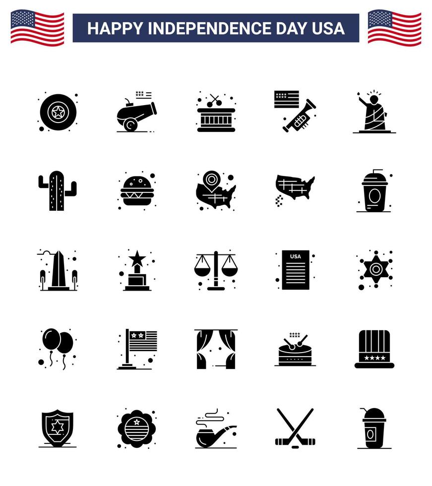 Usa Happy Independence DayPiktogrammsatz von 25 einfachen soliden Glyphen der Statue Freiheitsinstrument Wahrzeichen loben editierbare Usa-Tag-Vektordesign-Elemente vektor