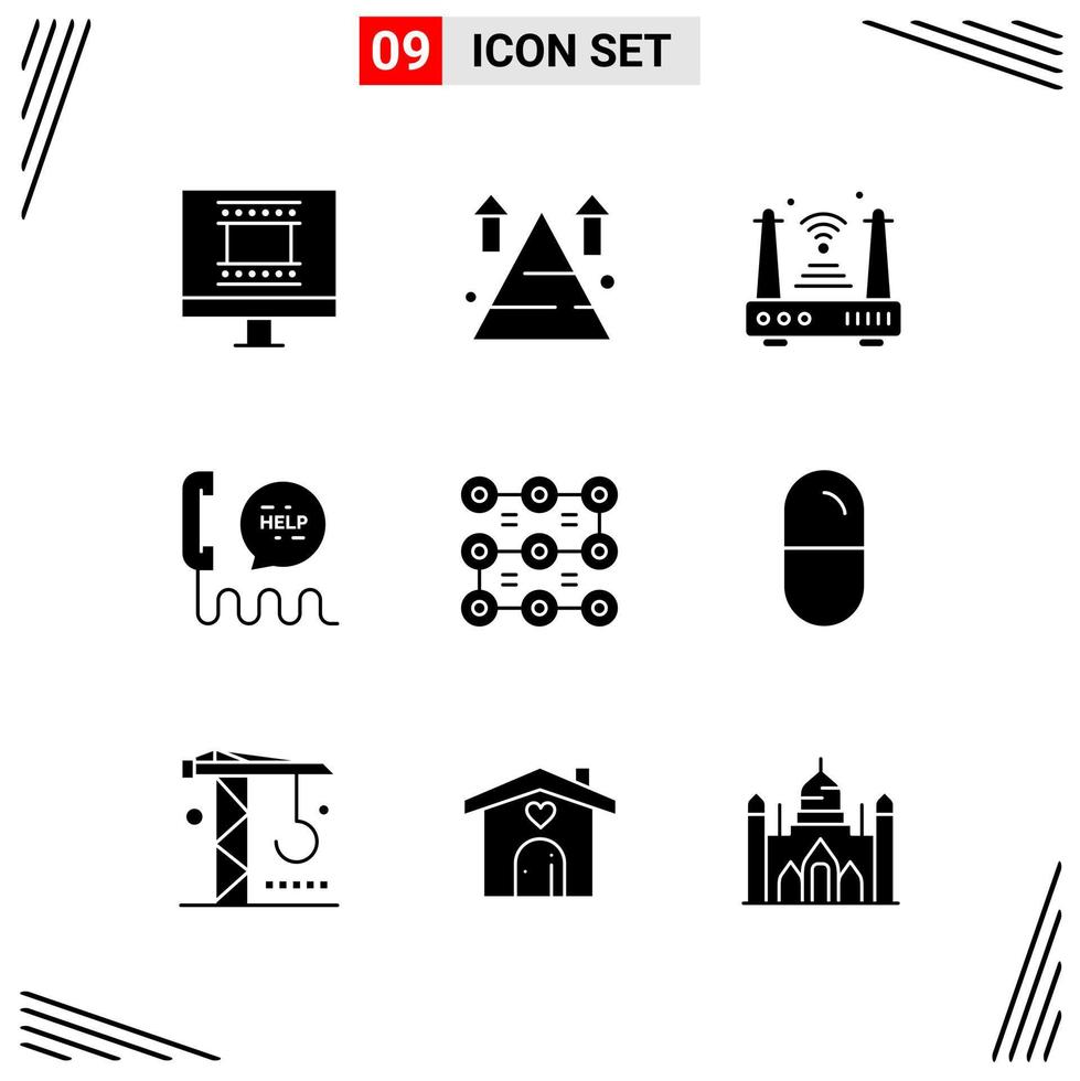 9 Symbole Solid Style Grid basierte kreative Glyphen-Symbole für Website-Design Einfache solide Symbolzeichen isoliert auf weißem Hintergrund 9 Icon-Set vektor