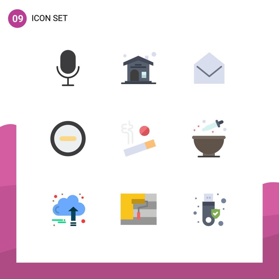 9 universelle flache Farbzeichen Symbole zum Färben von Raucherbotschaften Rauch ui editierbare Vektordesign-Elemente vektor