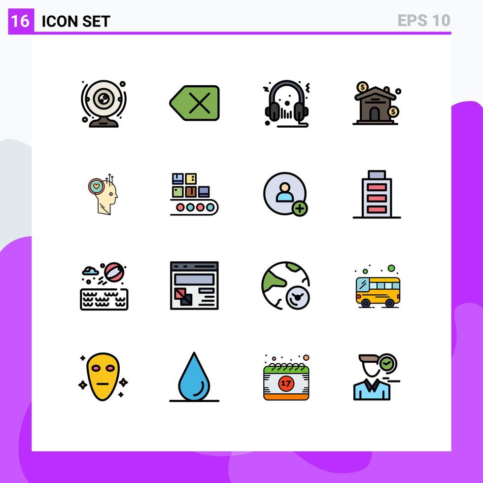 grupp av 16 platt Färg fylld rader tecken och symboler för användare investering hörlurar egendom mikrofon redigerbar kreativ vektor design element