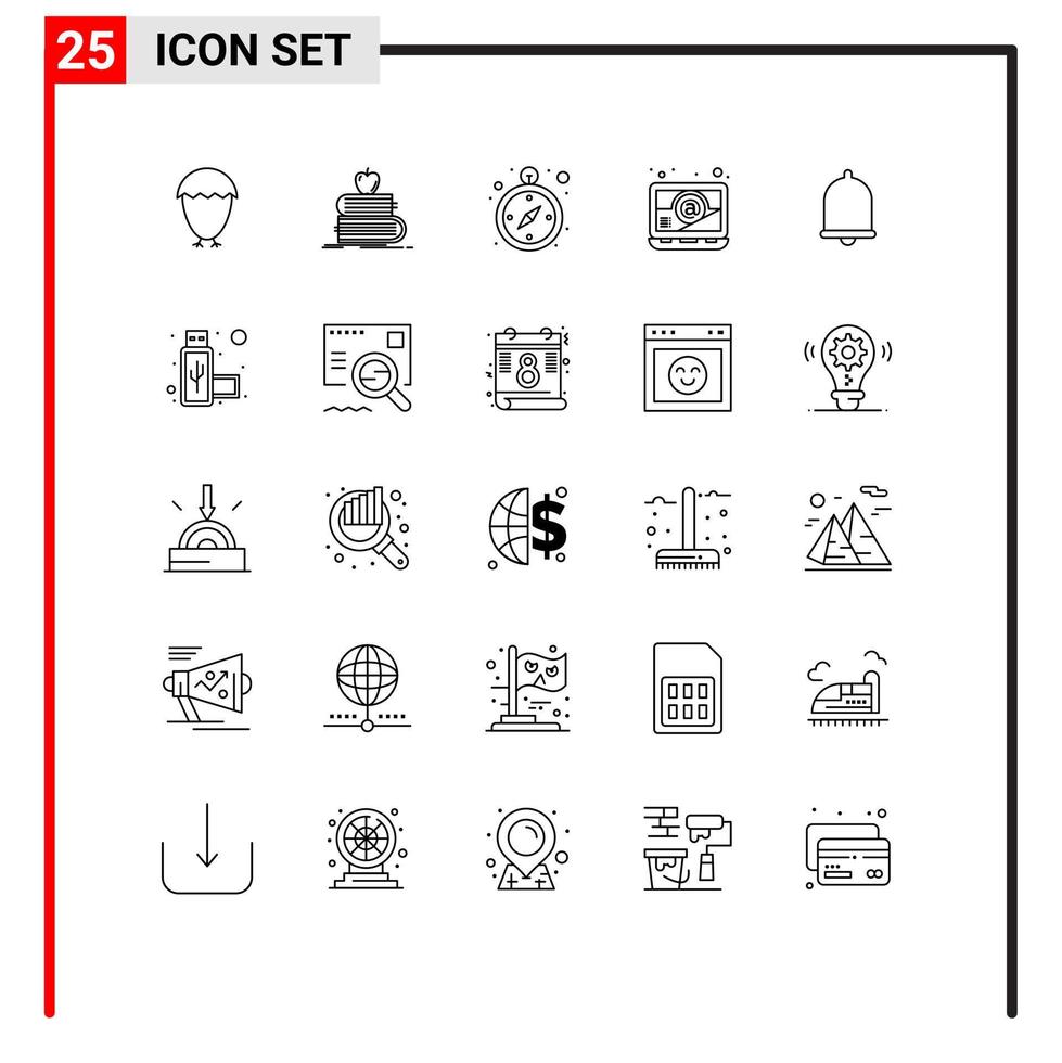 Linienpaket mit 25 universellen Symbolen für Benachrichtigungsalarm Apple Laptop-Computer editierbare Vektordesign-Elemente vektor
