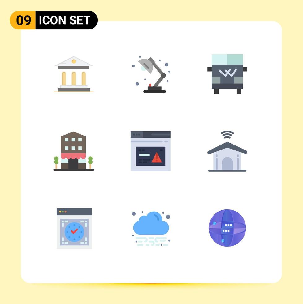 9 flaches Farbpaket der Benutzeroberfläche mit modernen Zeichen und Symbolen von Internet-Shop-Front-Transport-Einzelhandelsgebäuden editierbare Vektordesign-Elemente vektor