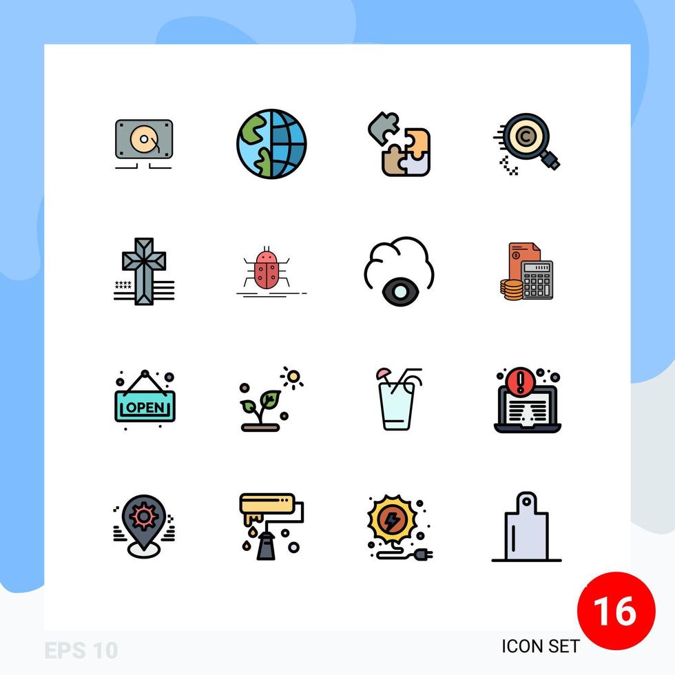 16 flache, farbgefüllte Linienkonzepte für Websites, Handys und Apps, Eigentum, finden Globus-Copyright-Lösung, editierbare kreative Vektordesign-Elemente vektor