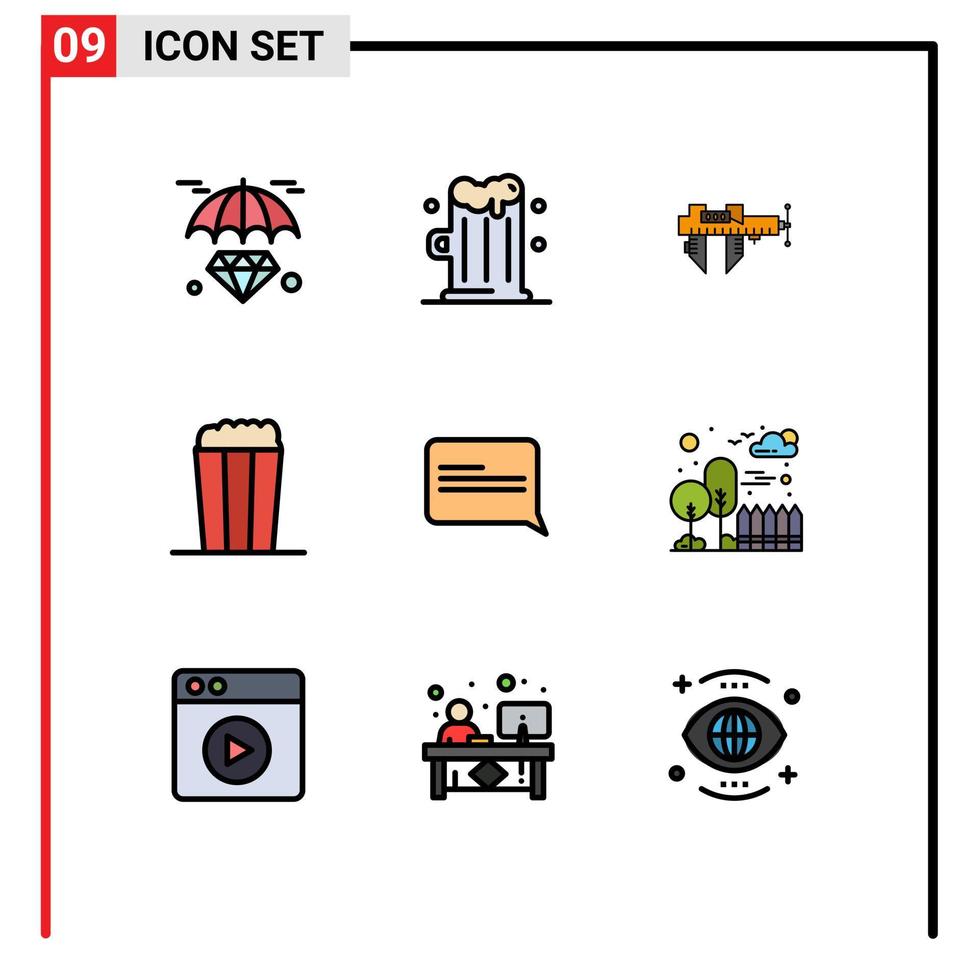 uppsättning av 9 vektor fylld linje platt färger på rutnät för meddelande chatt mäta mat pop- redigerbar vektor design element