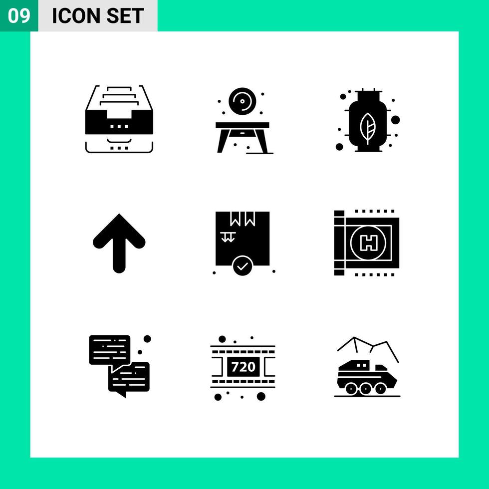 moderner Satz von 9 soliden Glyphen-Piktogrammen von Box-Upload-Disk-Up-Pfeil editierbaren Vektordesign-Elementen vektor