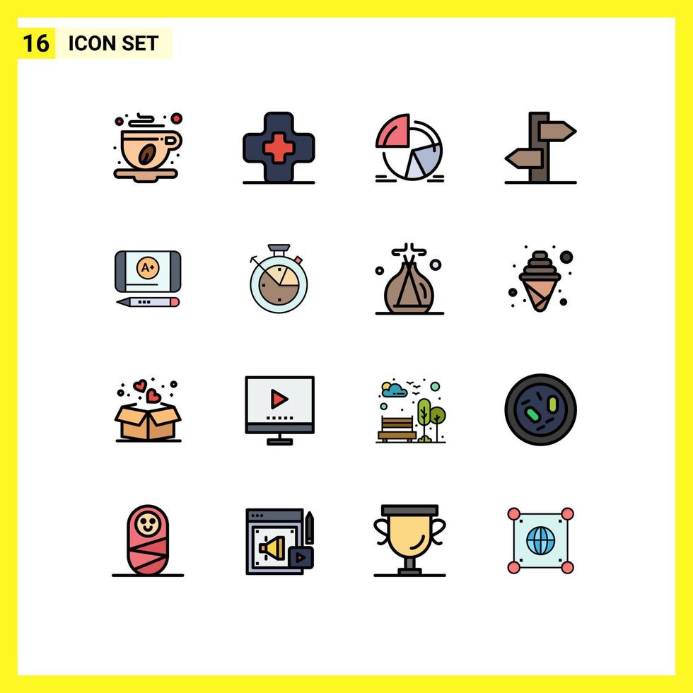 piktogram uppsättning av 16 enkel platt Färg fylld rader av uppnå vägvisare paj tecken riktning redigerbar kreativ vektor design element
