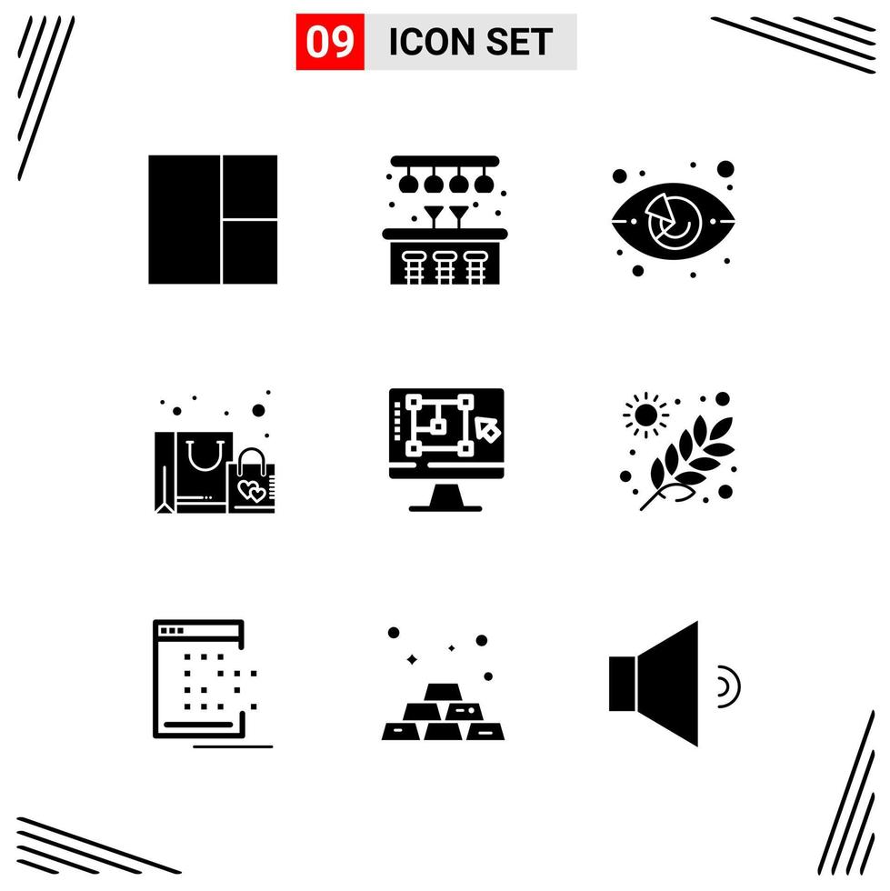 9 ikoner fast stil rutnät baserad kreativ glyf symboler för hemsida design enkel fast ikon tecken isolerat på vit bakgrund 9 ikon uppsättning vektor