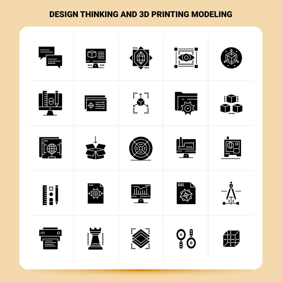 fast 25 design tänkande och 3d utskrift modellering ikon uppsättning vektor glyf stil design svart ikoner uppsättning webb och mobil företag idéer design vektor illustration