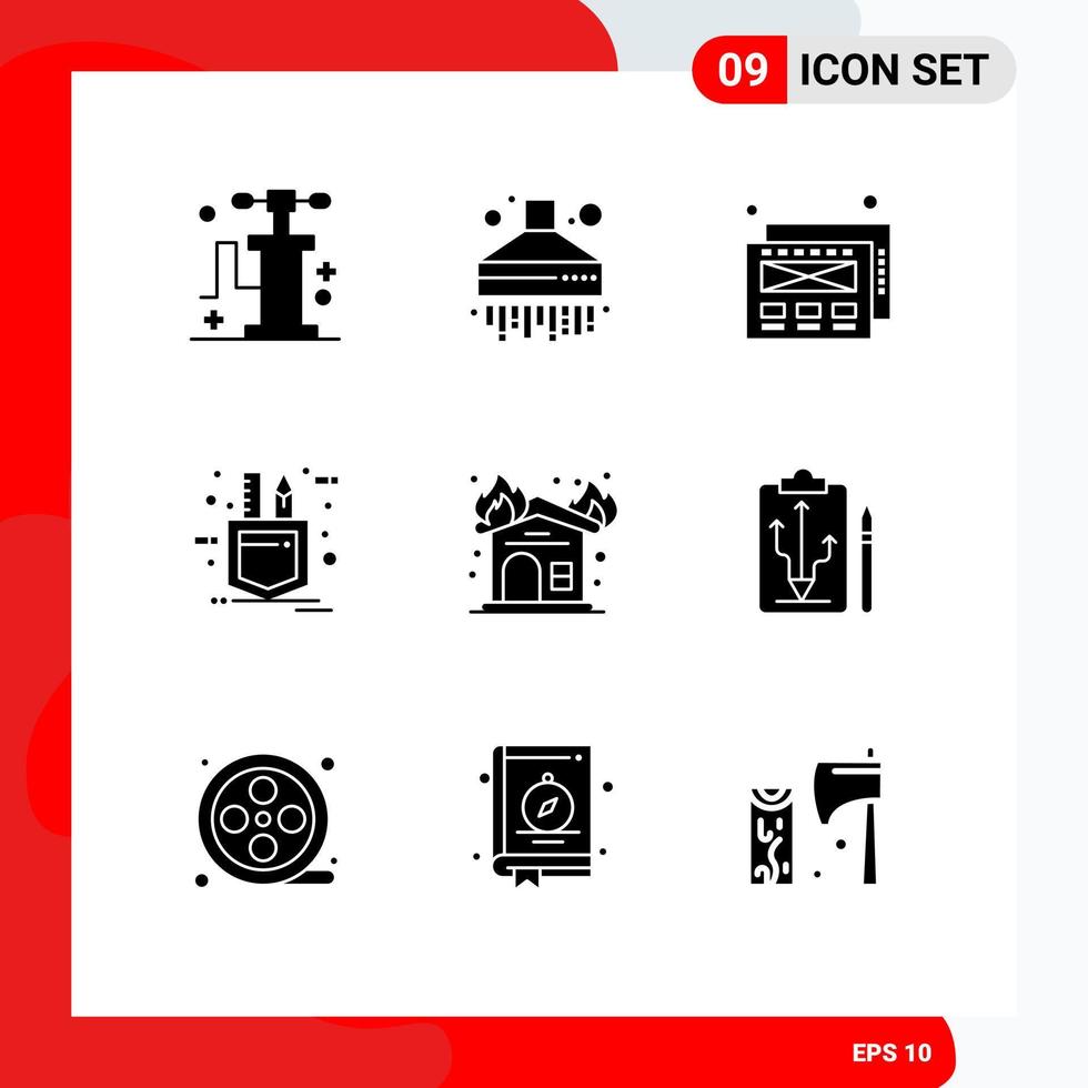 9 universelle solide Glyphen, die für Web- und mobile Anwendungen festgelegt sind, planen Firehouse Patch Interior Fire editierbare Vektordesign-Elemente vektor