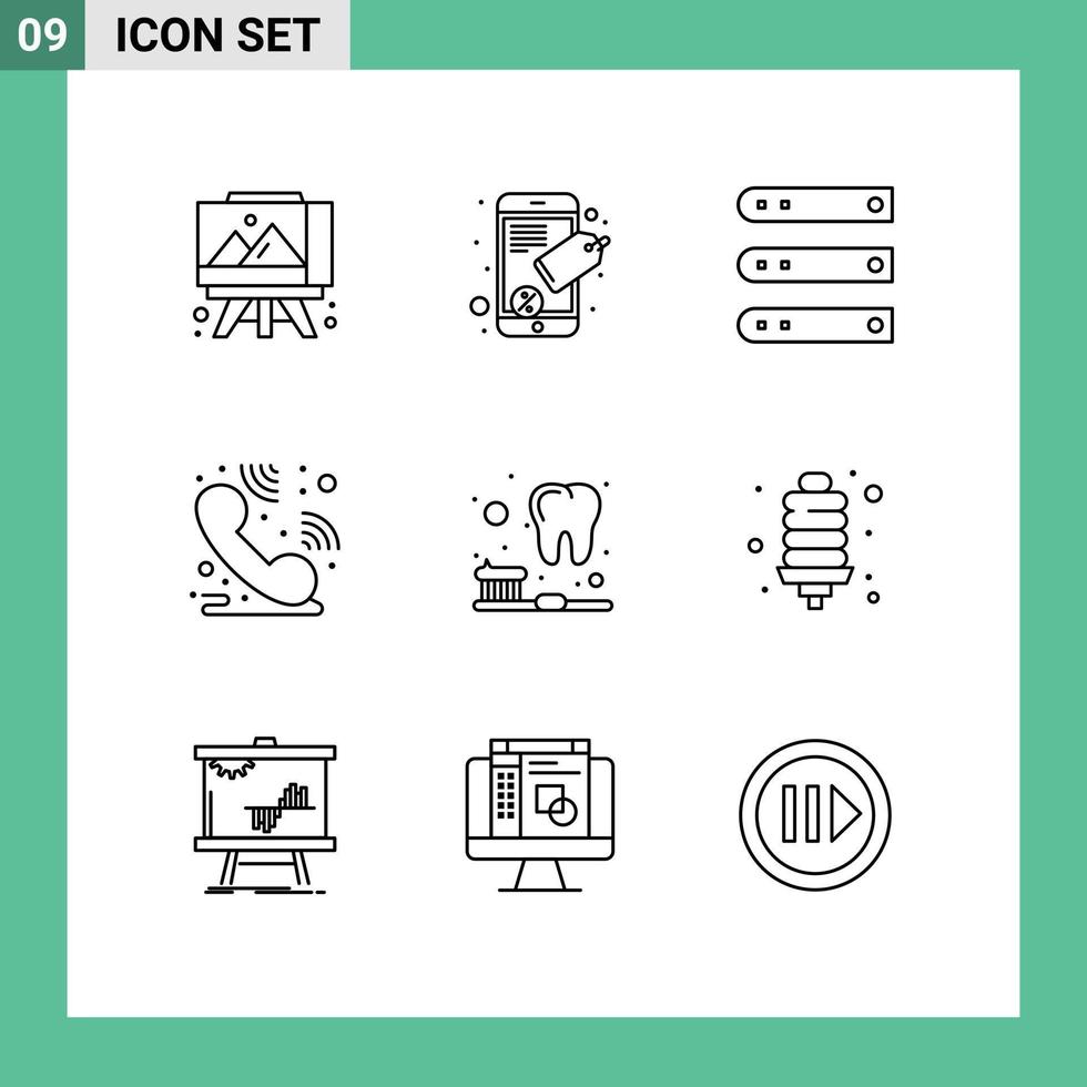 Stock Vector Icon Pack mit 9 Zeilenzeichen und Symbolen für die Glühbirnenreinigung Hosting-Pinsel-Helpdesk editierbare Vektordesign-Elemente