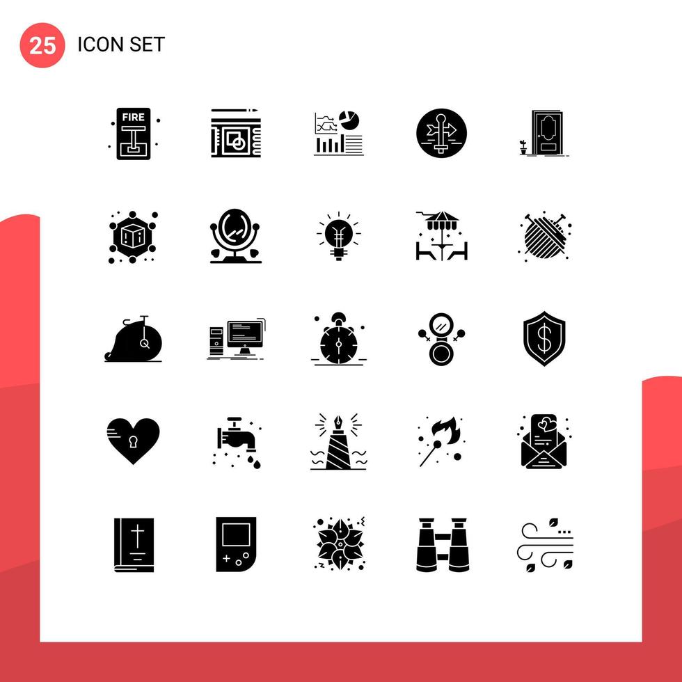 Gruppe von 25 modernen soliden Glyphen, die für editierbare Vektordesign-Elemente des Türkartenzeigers Diagrammkartentafel festgelegt werden vektor