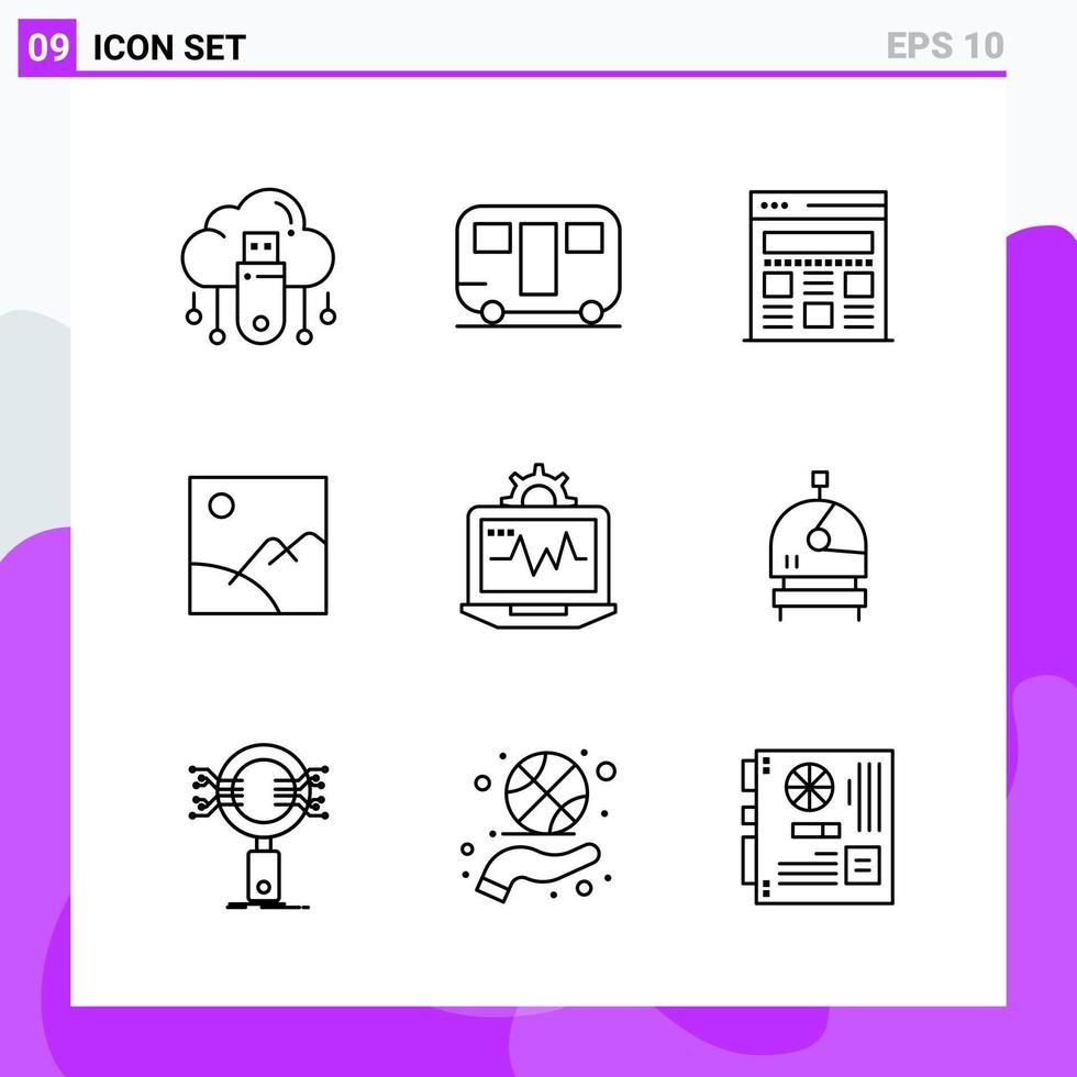 Satz von 9 Symbolen im Linienstil kreative Gliederungssymbole für Website-Design und mobile Apps einfaches Liniensymbolzeichen isoliert auf weißem Hintergrund 9 Symbole vektor