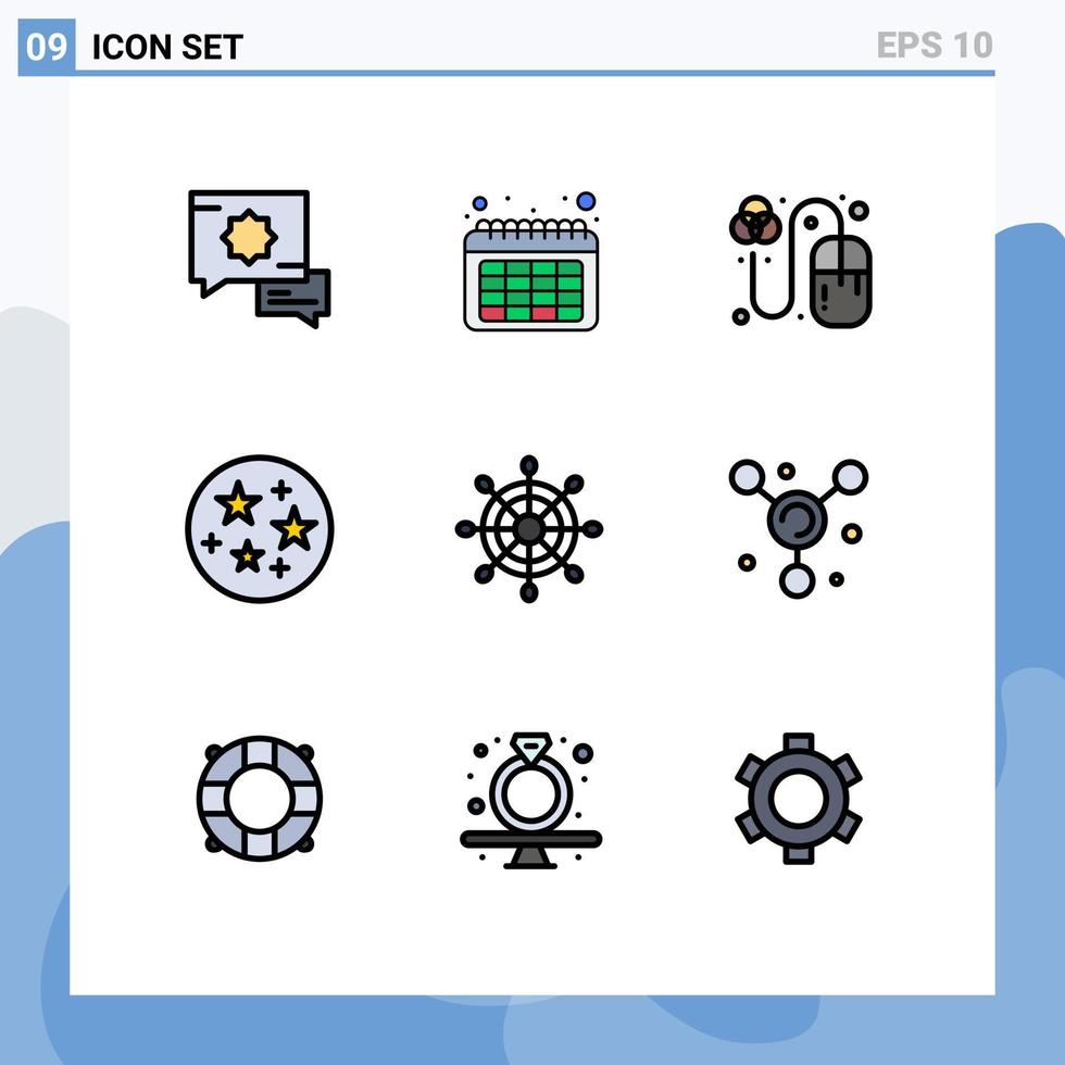 Gruppe von 9 modernen Filledline-Flachfarben, die für bearbeitbare Vektordesign-Elemente der Molekülradmaus-Marinesterne eingestellt werden vektor