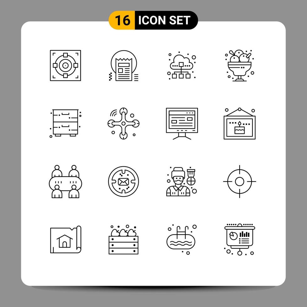 moderner Satz von 16 Umrissen Piktogramm von Eiscreme-Dessert-Webcafé-Datenverkehr editierbare Vektordesign-Elemente vektor