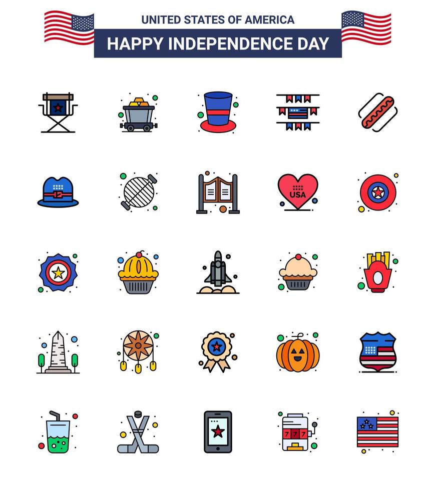 Stock Vektor Icon Pack von American Day 25 flach gefüllte Linien Zeichen und Symbole für Hotdog America American American Ammern editierbare Usa Day Vektor Design Elemente