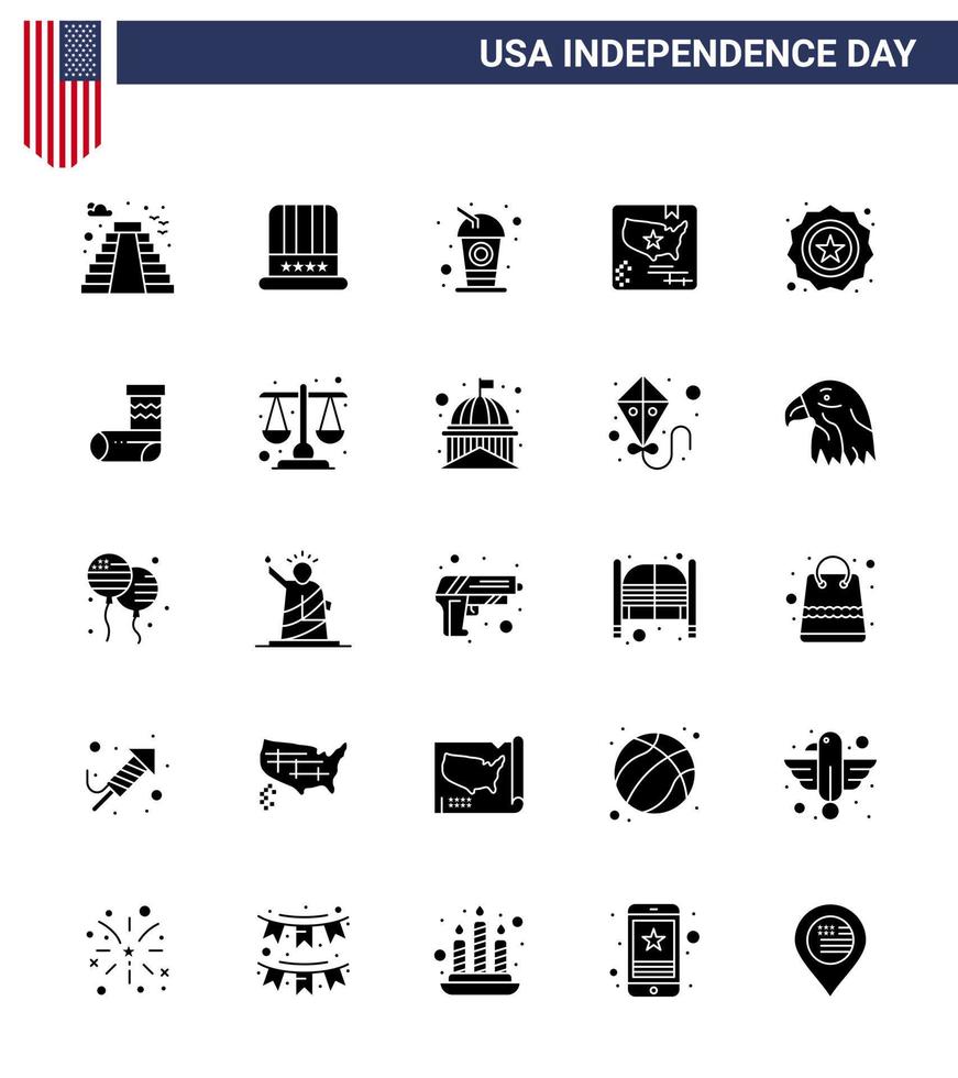 satz von 25 usa-tag-symbolen amerikanische symbole unabhängigkeitstag zeichen für sicherheit weltflaschenkarte amerikanische editierbare usa-tag-vektordesignelemente vektor