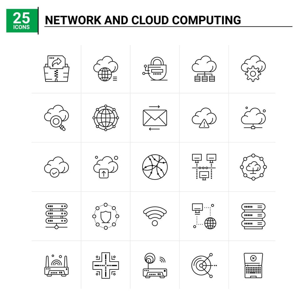 25 nätverk och moln datoranvändning ikon uppsättning vektor bakgrund