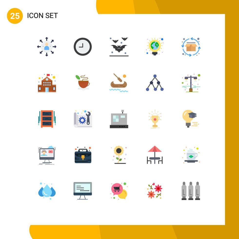 Piktogrammsatz von 25 einfachen flachen Farben von Produktzyklus Fledermäusen Erde Inspiration editierbare Vektordesign-Elemente vektor