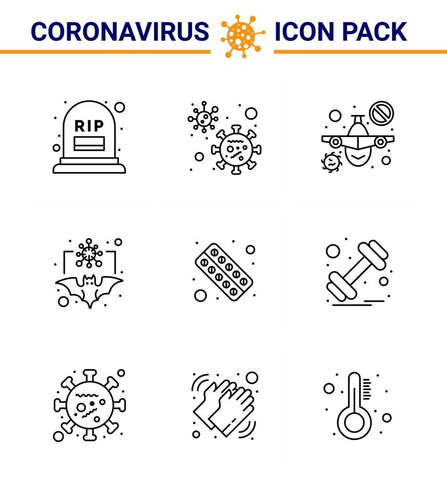 coronavirus förebyggande uppsättning ikoner 9 linje ikon sådan som läkemedel influensa plan coronavirus fladdermus viral coronavirus 2019 nov sjukdom vektor design element