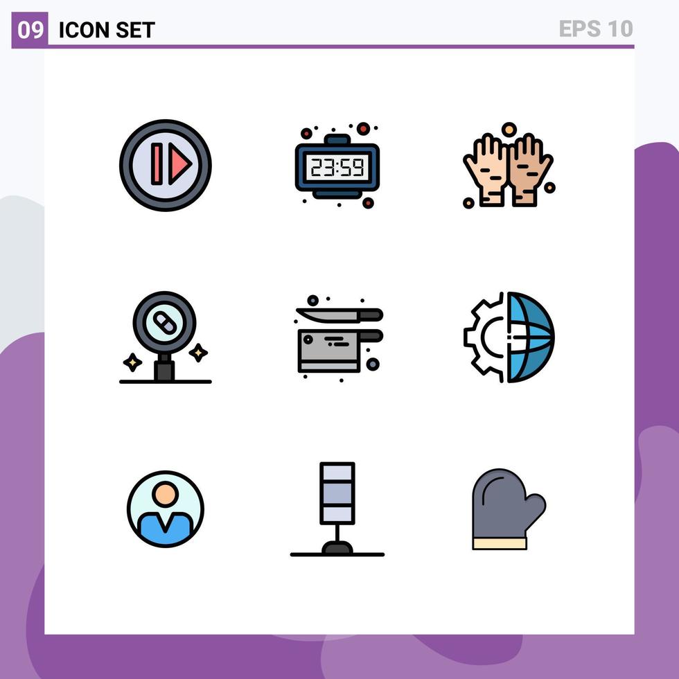 Mobile Schnittstelle Filledline flacher Farbsatz von 9 Piktogrammen der Kochmedizin Uhr medizinische Forschung editierbare Vektordesign-Elemente vektor