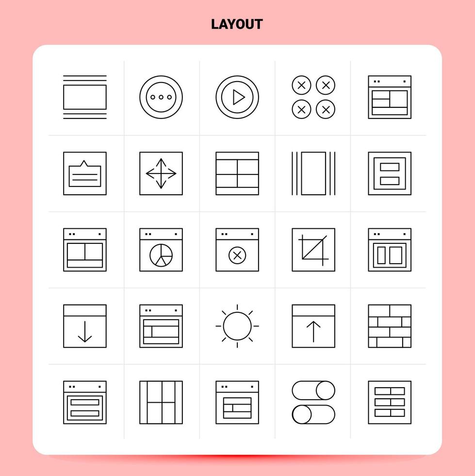 Umriss 25 Layout Icon Set Vektor Line Style Design Schwarze Icons Set Linear Piktogramm Pack Web und mobile Geschäftsideen Design Vektor Illustration