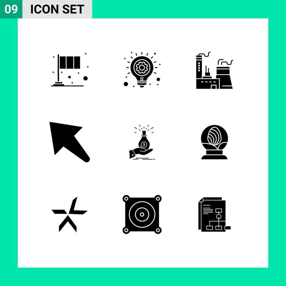 Packung mit 9 modernen soliden Glyphen Zeichen und Symbolen für Web-Printmedien wie Bag Up Business Idea Left Industry editierbare Vektordesign-Elemente vektor