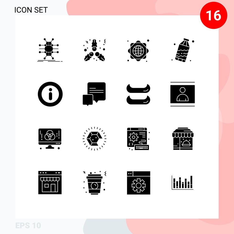 16 universelle solide Glyphenzeichen Symbole für Chat-Informationen globale Infrastrukturinformationen Abfall editierbare Vektordesign-Elemente vektor