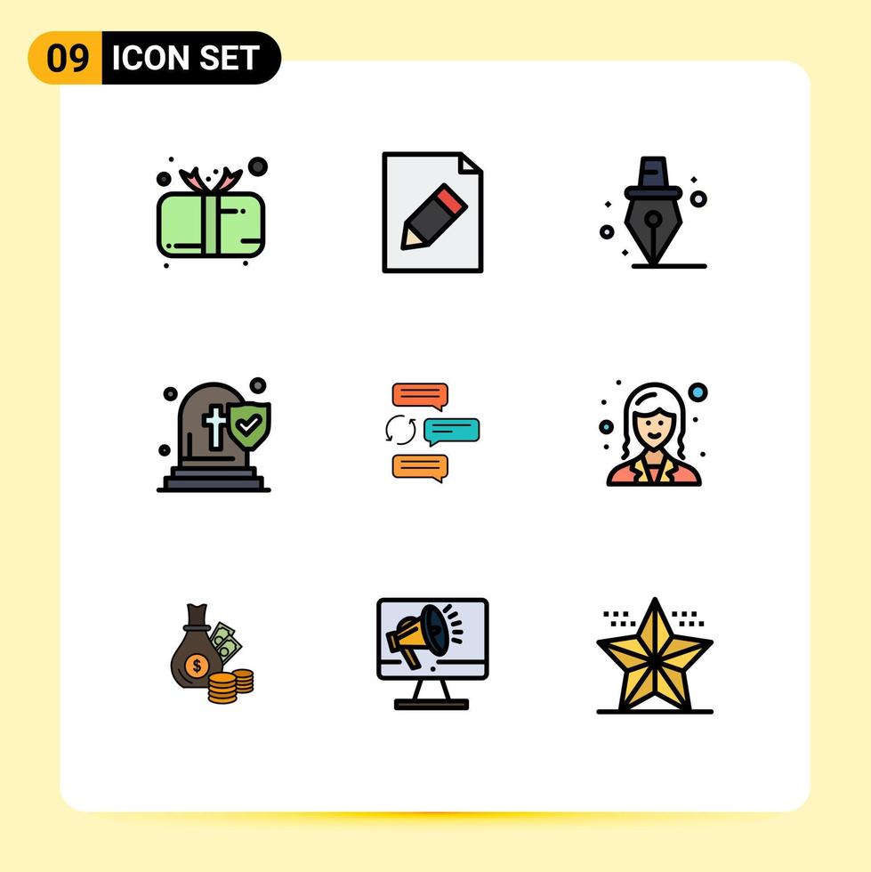Satz von 9 Vektor-Fülllinien-Flachfarben auf Raster für Konversations-Chat-Bildungsversicherung Tod editierbare Vektordesign-Elemente vektor