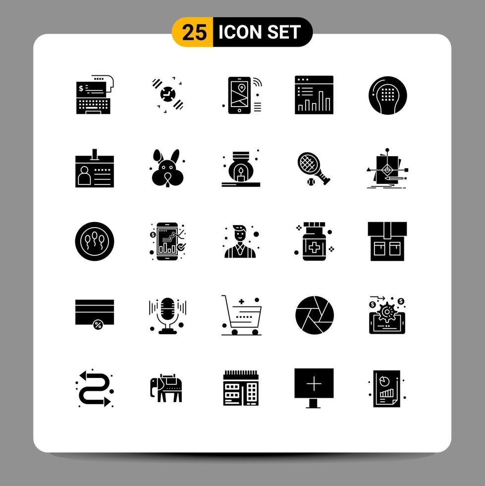 25 universelle solide Glyphen, die für Web- und mobile Anwendungen festgelegt wurden, um Diagramme zu überwachen vektor