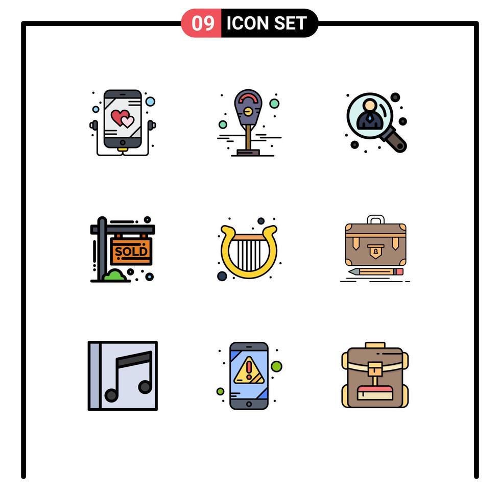 mobil gränssnitt fylld linje platt Färg uppsättning av 9 piktogram av irländsk harpa förvaltning inkomst fast egendom redigerbar vektor design element