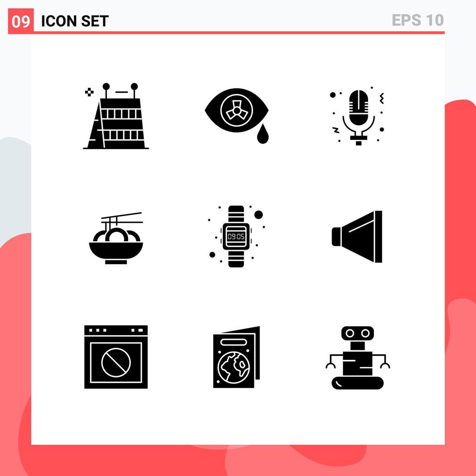 uppsättning av 9 vektor fast glyfer på rutnät för Kolla på digital mikrofon kinesisk mat redigerbar vektor design element