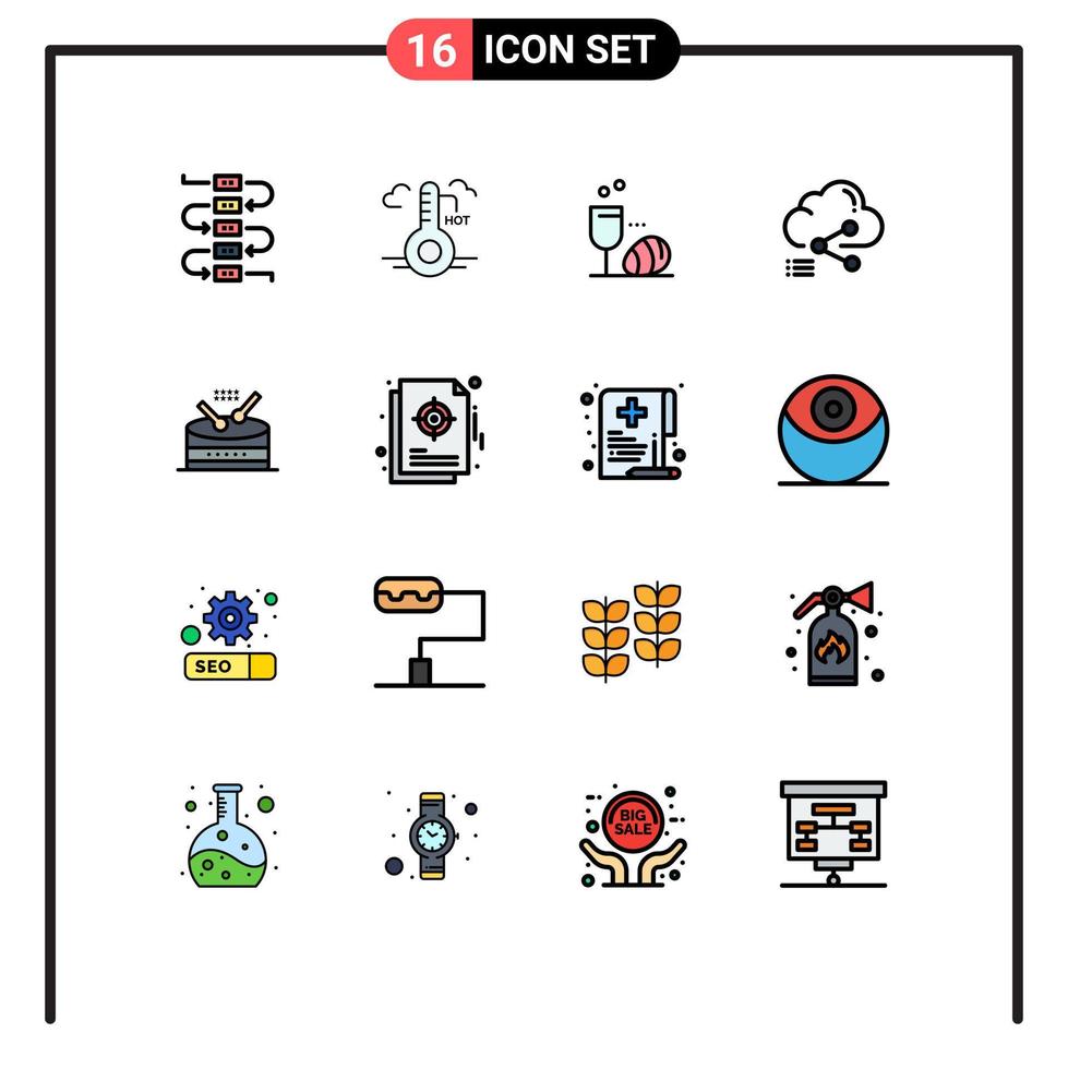 16 platt Färg fylld linje begrepp för webbplatser mobil och appar instrument länk ägg datoranvändning moln redigerbar kreativ vektor design element
