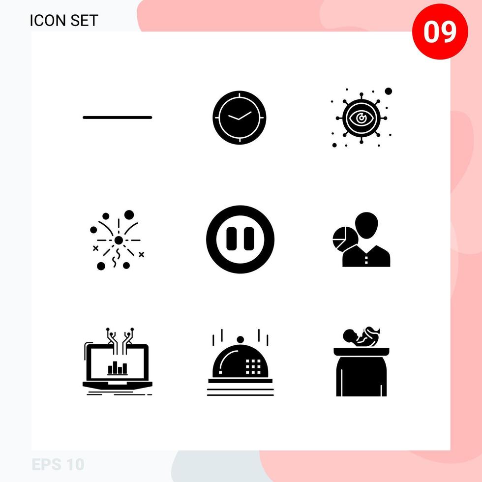 Packung mit 9 kreativen soliden Glyphen von Diagrammpausen Marketingmedien Feier editierbare Vektordesign-Elemente vektor