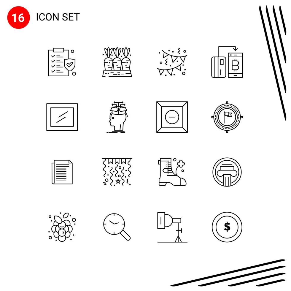 Mobile Interface Gliederungssatz von 16 Piktogrammen von Spiegelzahlungsgeburtstagsgeldwährung editierbaren Vektordesignelementen vektor